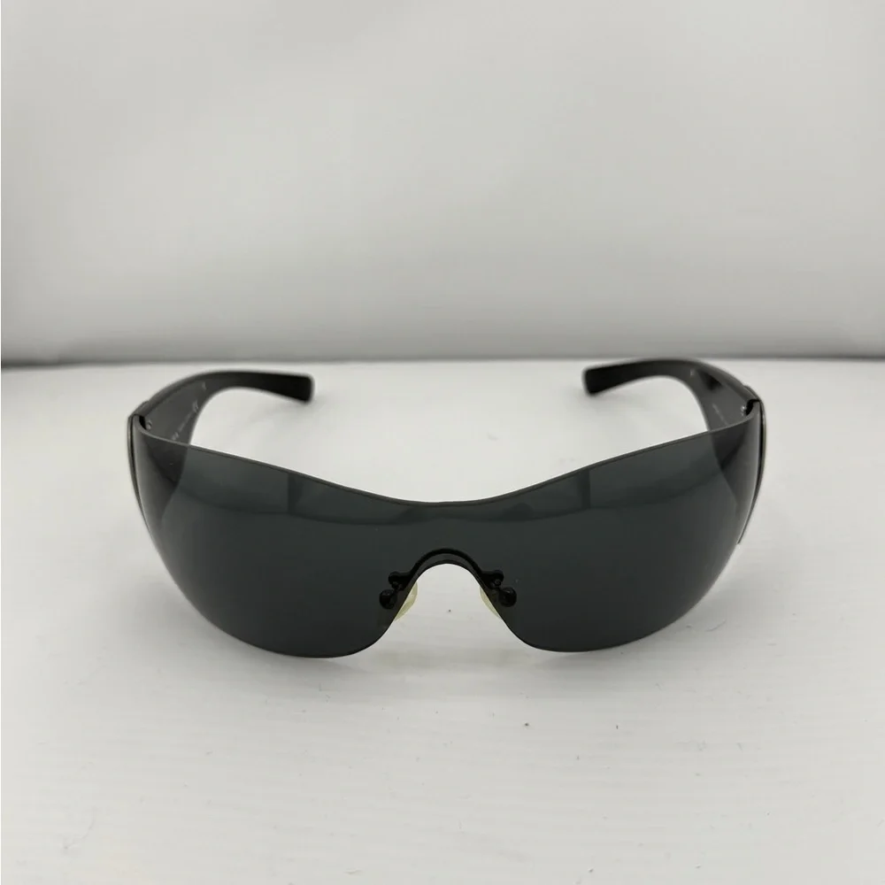 Prada Black Spr51g Shield Sunglasses with Silver Swirl Detail - Picture 9 of 13